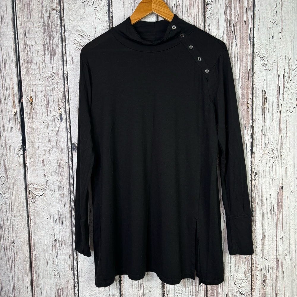 Chico’s 2|Large Black Stretchy Long Sleeve Tunic Top Button Mock Neck Side Slit